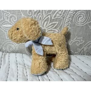 Carter’s Prestige Brown Tan Puppy Dog Curly Plush Rattle Blue Gingham Bow 7”